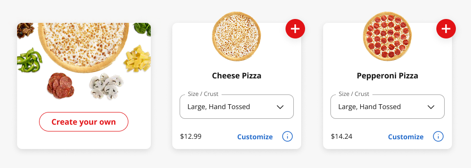 Screenshot of Pizza menu tiles - Create your own, and 1-click tiles for cheese pizza and pepperoni pizza.