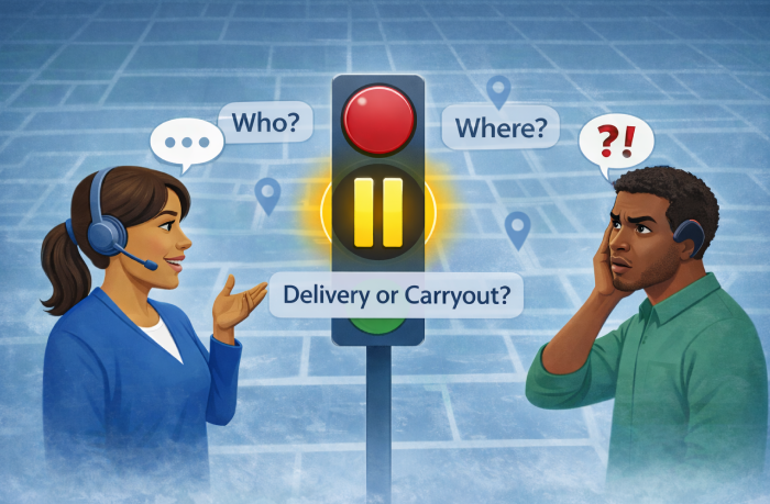 Image showing how the agent has to interrupt the conversation to find out who the customer is, what store they want to order from and whether they want carryout or delivery.